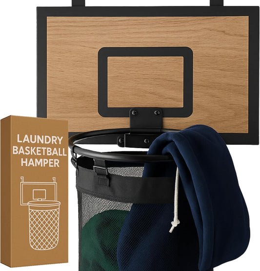 ActiveJoy – Basketball Laundry Hamper – Wooden Backboard & Mesh Hoop Laundry Basket – Over Door Hanging Organizer for Kids - Cedarwood Brown