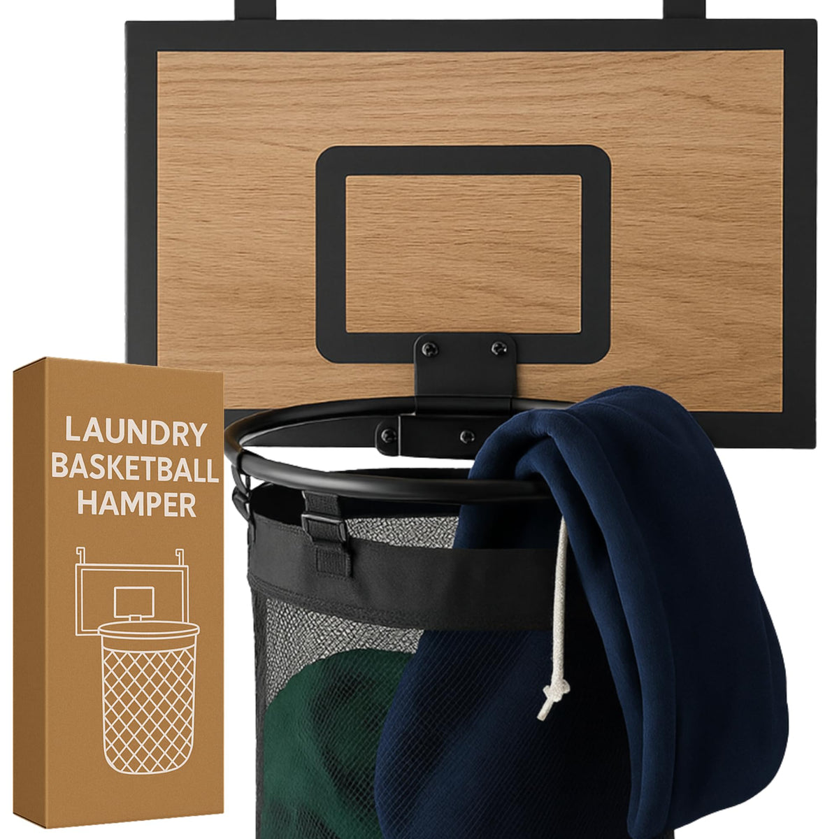 ActiveJoy – Basketball Laundry Hamper – Wooden Backboard & Mesh Hoop Laundry Basket – Over Door Hanging Organizer for Kids - Cedarwood Brown