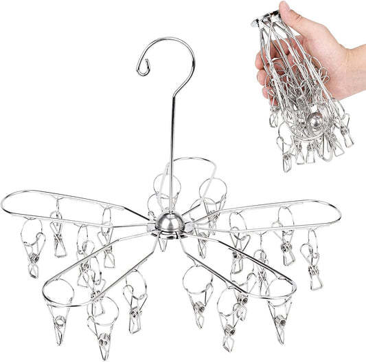 Foldable Clothes Drying Rack Stainless Steel Clothes Drying Hanger with 20 Clips, Laundry Hanging Dryer for Underwear, Sock, Bra, Lingerie, Hat, Scarf, Gloves, Diapers, Towels, Baby Clothes