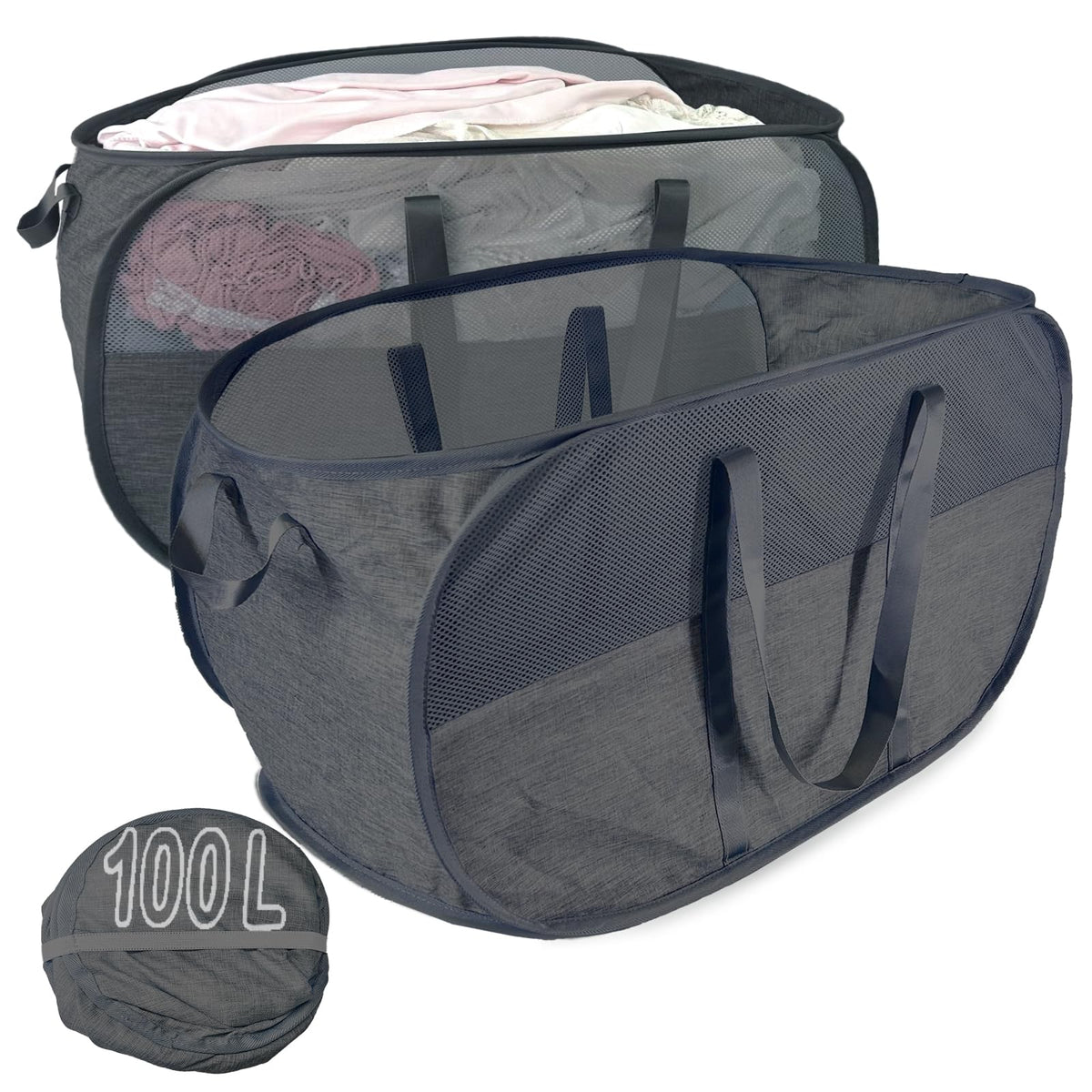 Pop Up Laundry Hamper 2 Pack with Handles & Side Pockets