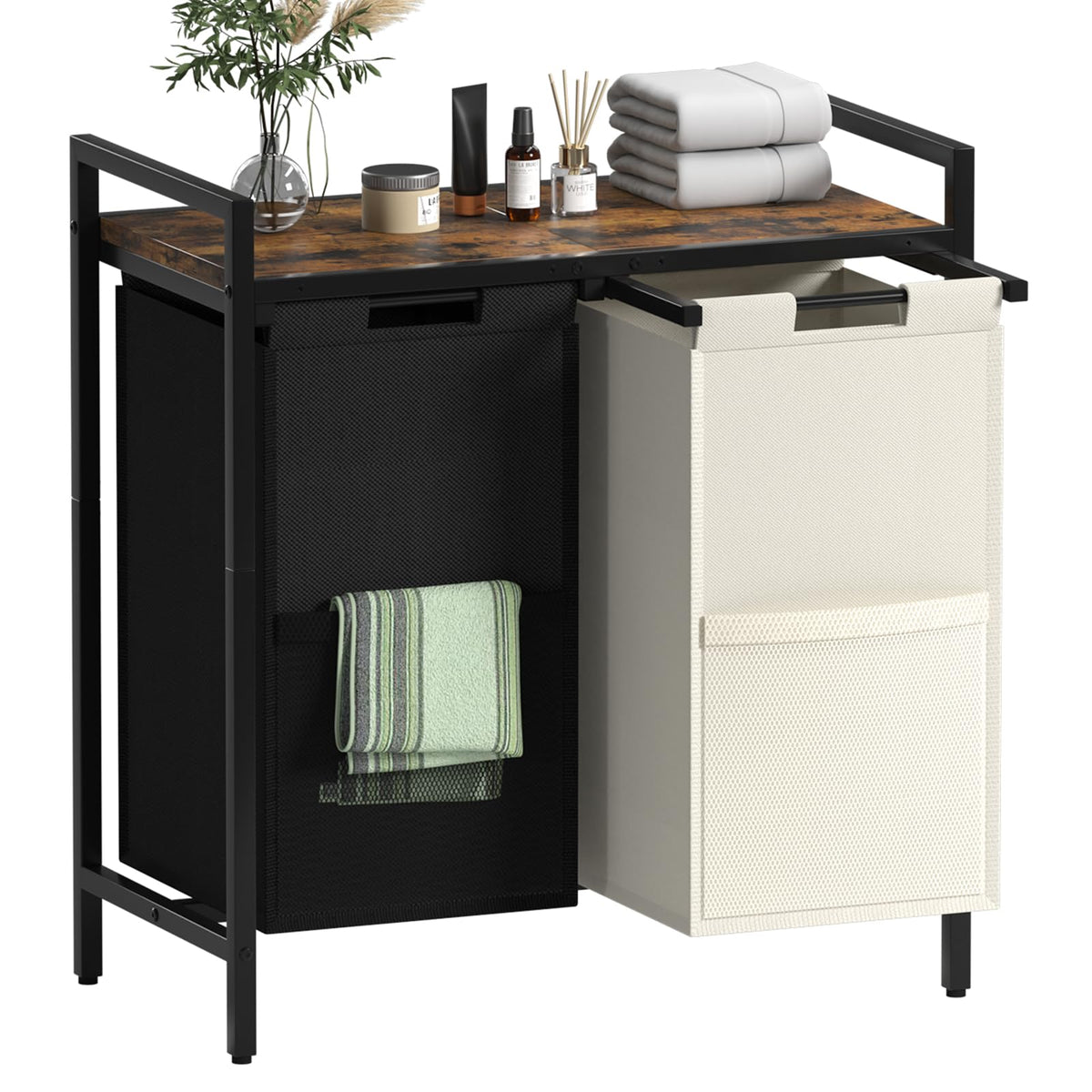 Huhote Laundry Hamper, double Laundry Basket, Laundry Sorter with Top Shelf & 2 Removable Washable Bags & Side Pockets for Laundry Room organization, Bathroom and Dorm, Rustic Brown and Black