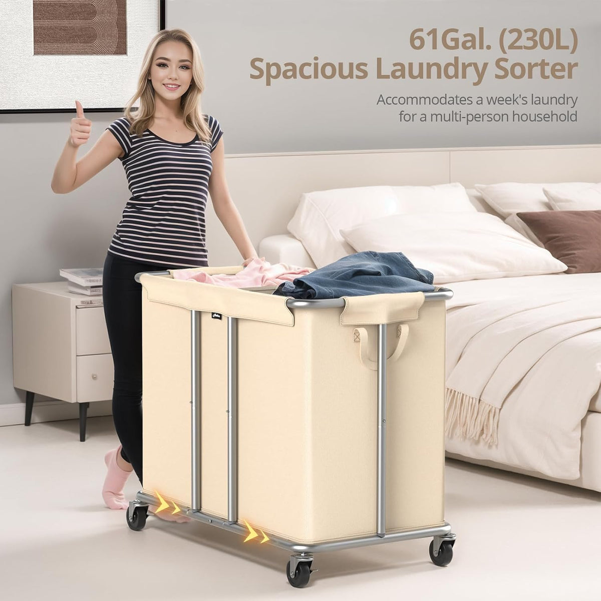 Hodonas Rolling Laundry Hamper 2-Section, Beige, 31.5"Lx15.75W"x30.7"H