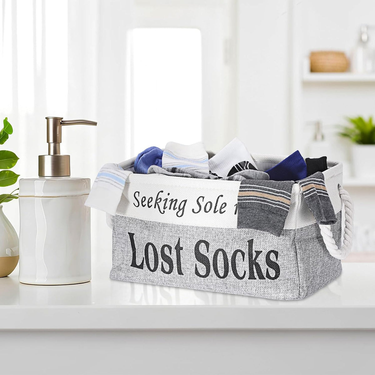 Lost Socks Basket for Laundry Room, Fabric Missing Sock Holder, Gray