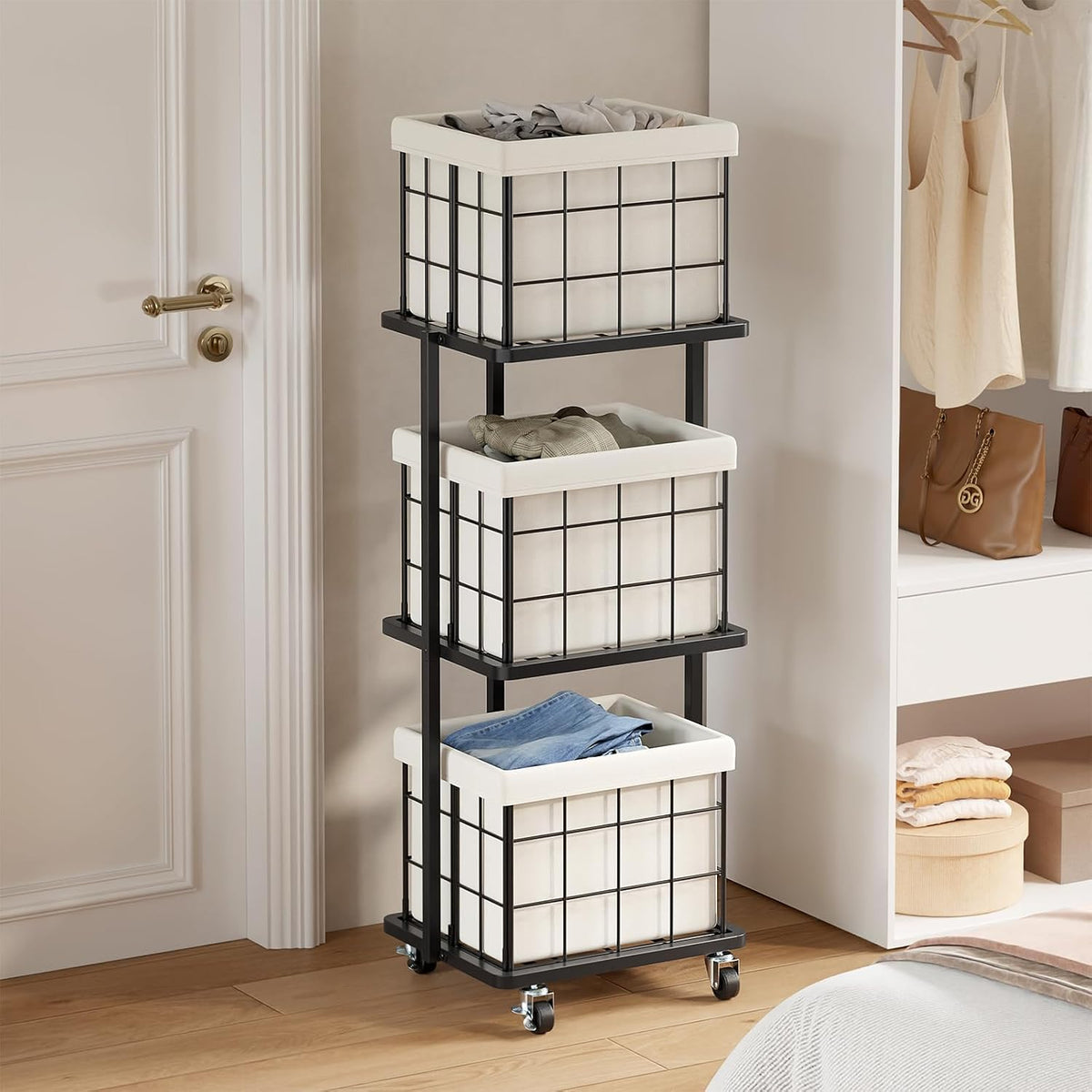 120L Vertical Laundry Sorter,3 Tier Metal Rolling Laundry Basket