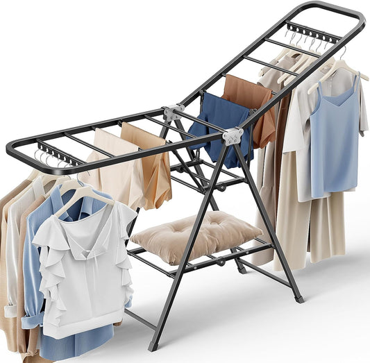Clothes Drying Rack, Foldable Laundry Drying Rack with Reinforced Steel Tubes, Height-Adjustable Gullwing Clothes Airer, Space Saving Indoor Drying Rack for Apartments, Balconies, Laundry Rooms, Black