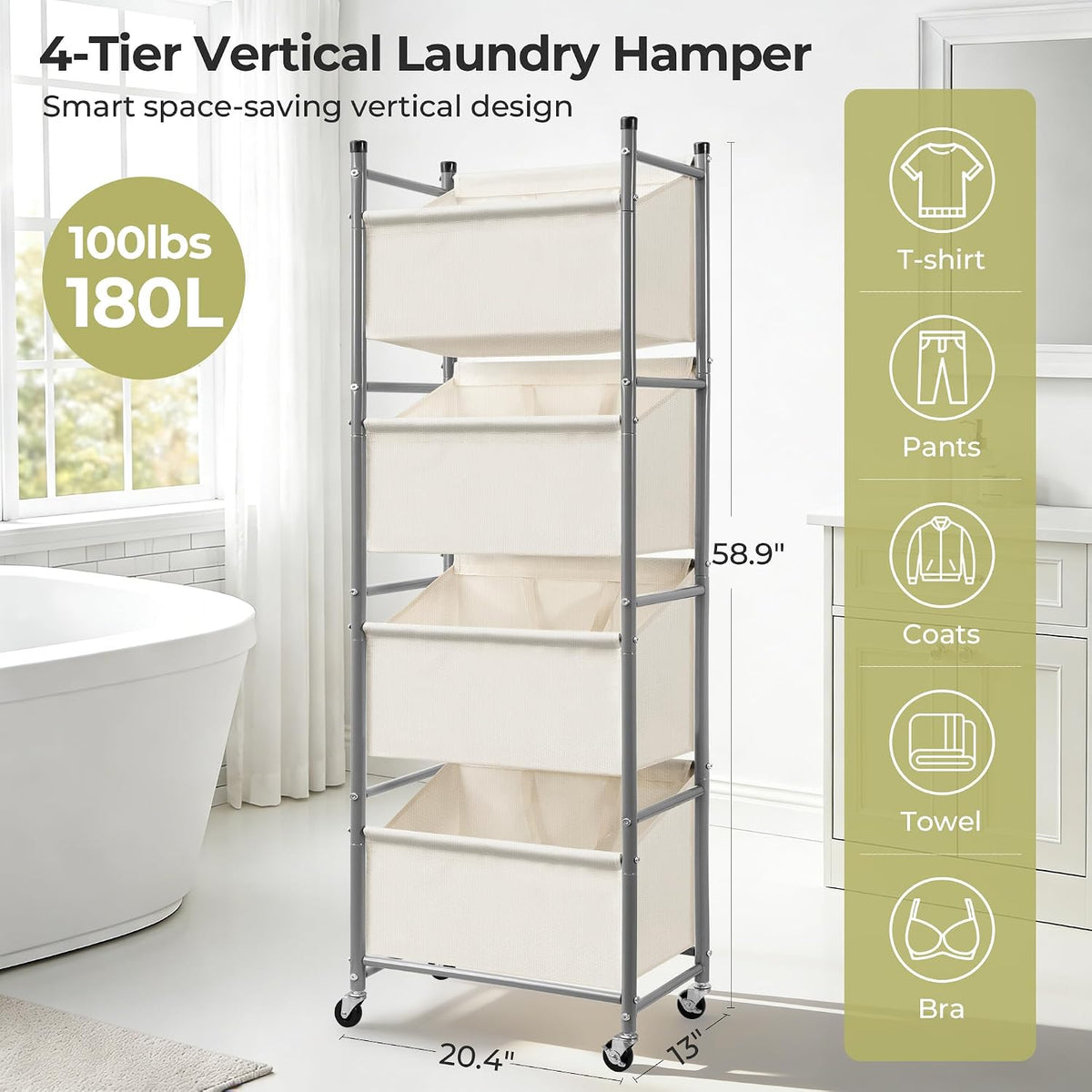 180L 4-Tier Vertical Laundry Hamper, Rolling Laundry Sorter with Wheels