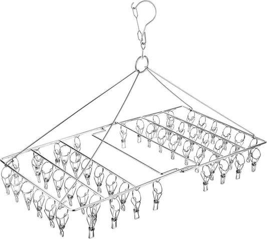 Folding Sock Dryer with 52 Peg, Stainless Steel Swivel Drying Rack Windproof Hook for Sock, Underwear, Lingerie, Sheet and All Small Item