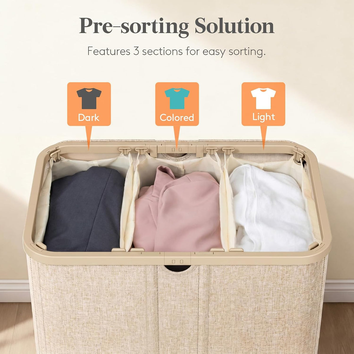 Lifewit 185L Large Laundry Basket with Wheels and Lid, 3 Sections, Beige