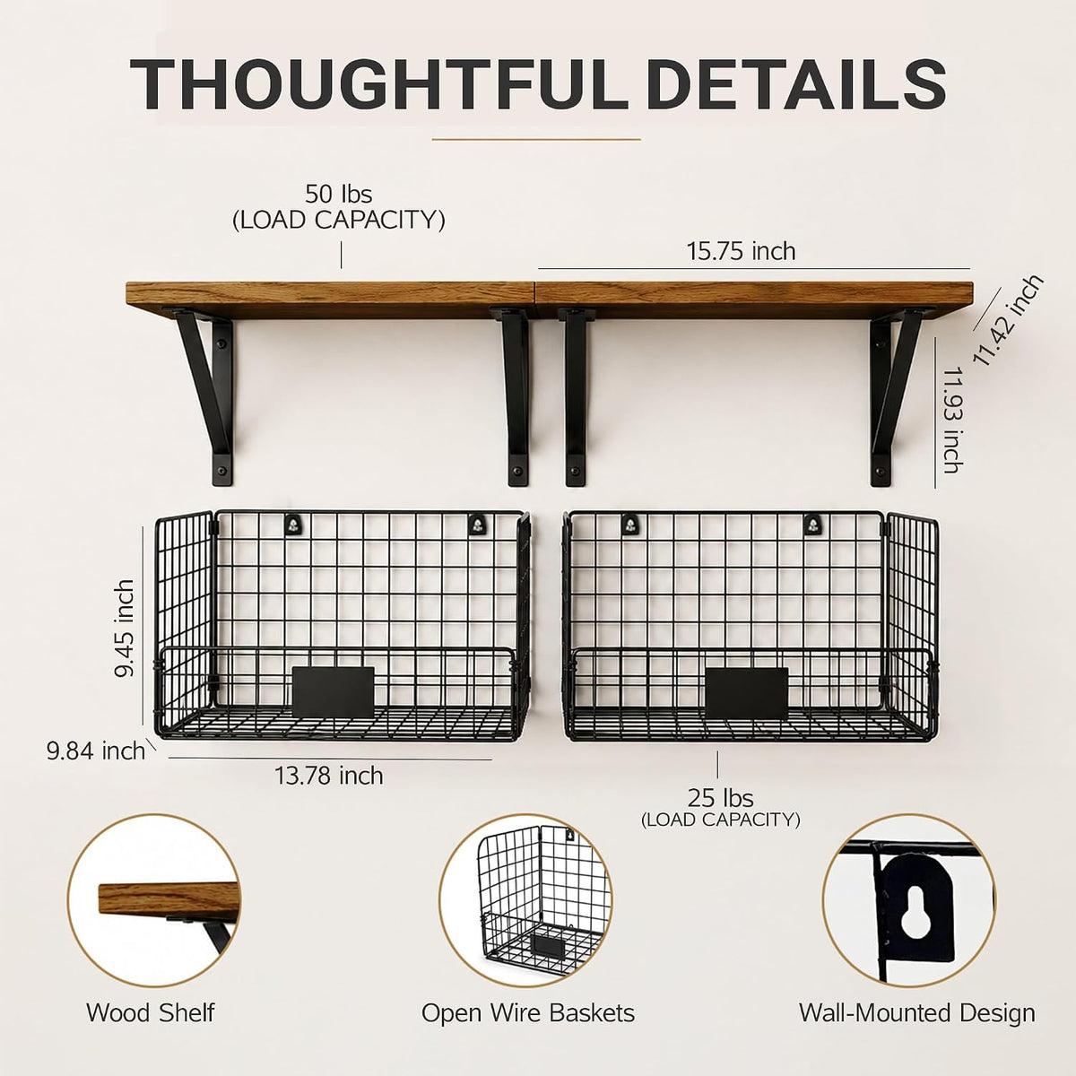 2 Pack Laundry Room Shelves Wall Mounted with Wire Mesh Baskets