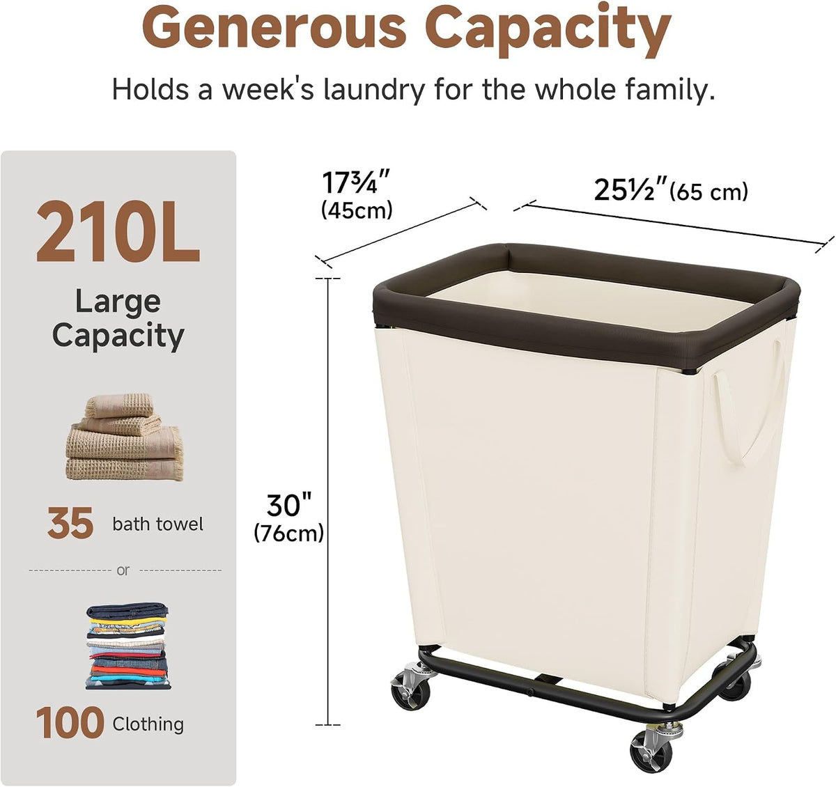 StorageWorks Laundry Hamper with Wheels, 210L Rolling Beige Basket