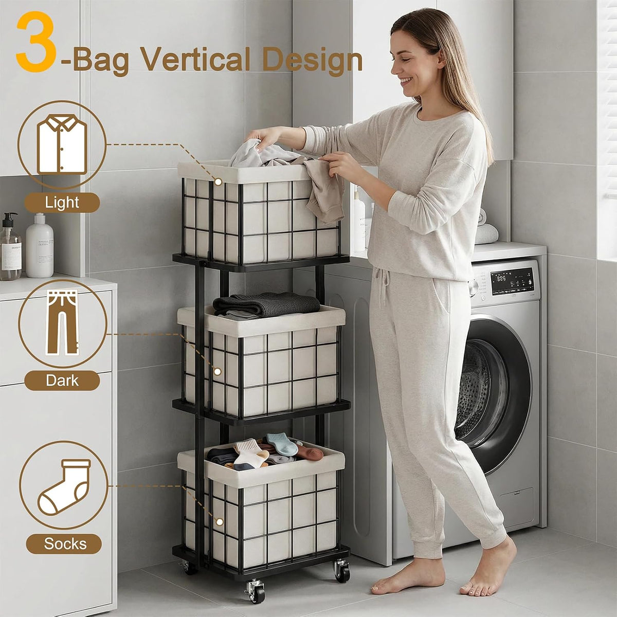 120L Vertical Laundry Sorter,3 Tier Metal Rolling Laundry Basket