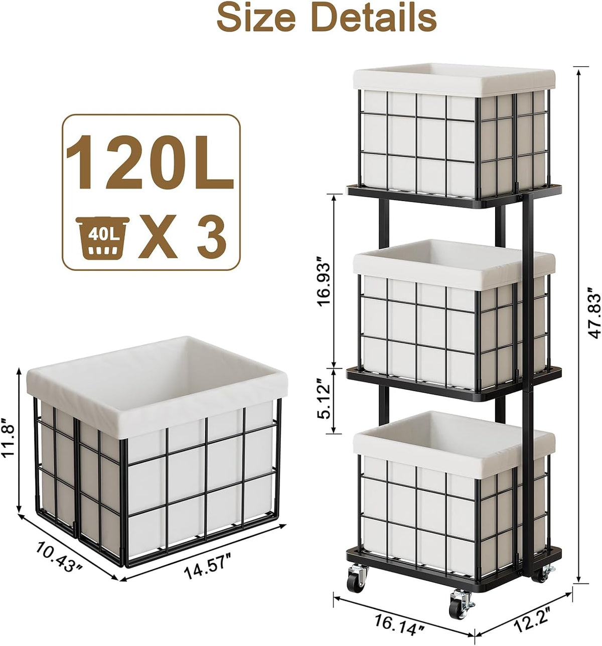 120L Vertical Laundry Sorter,3 Tier Metal Rolling Laundry Basket