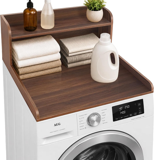 Royxen Single Washer Dryer Countertop, 2-Tier Laundry Countertop with Shelf, Soild Wood Core Washer Dryer Topper for Laundry Room Organization (Walnut)