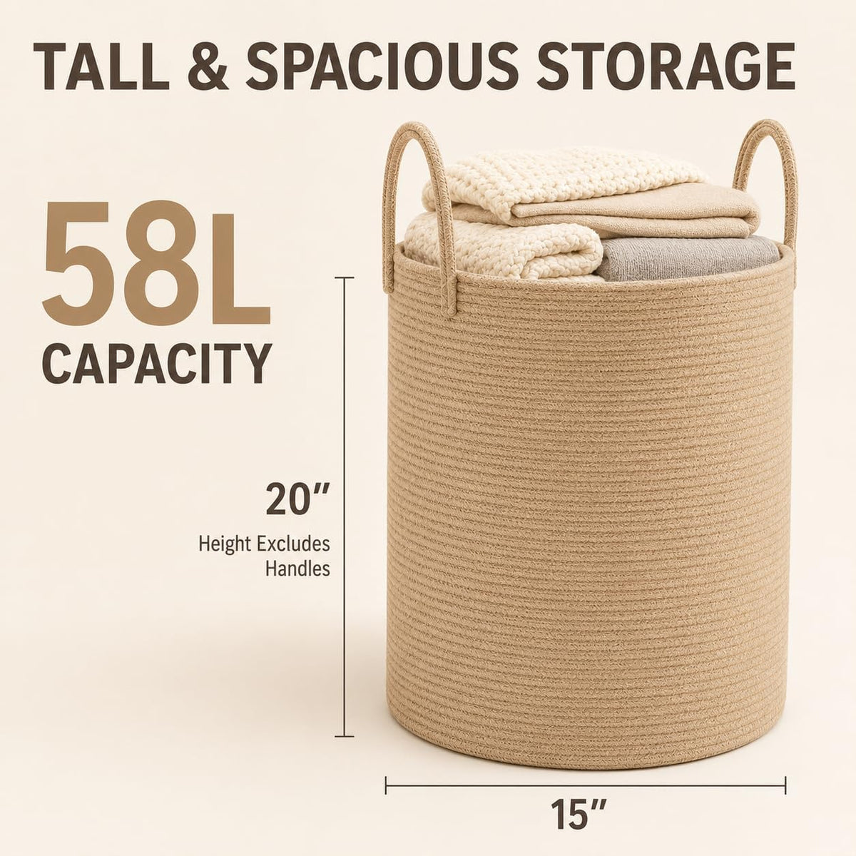 Jute Rope Laundry Hamper Basket, 58L Woven Blanket Basket for Nursery