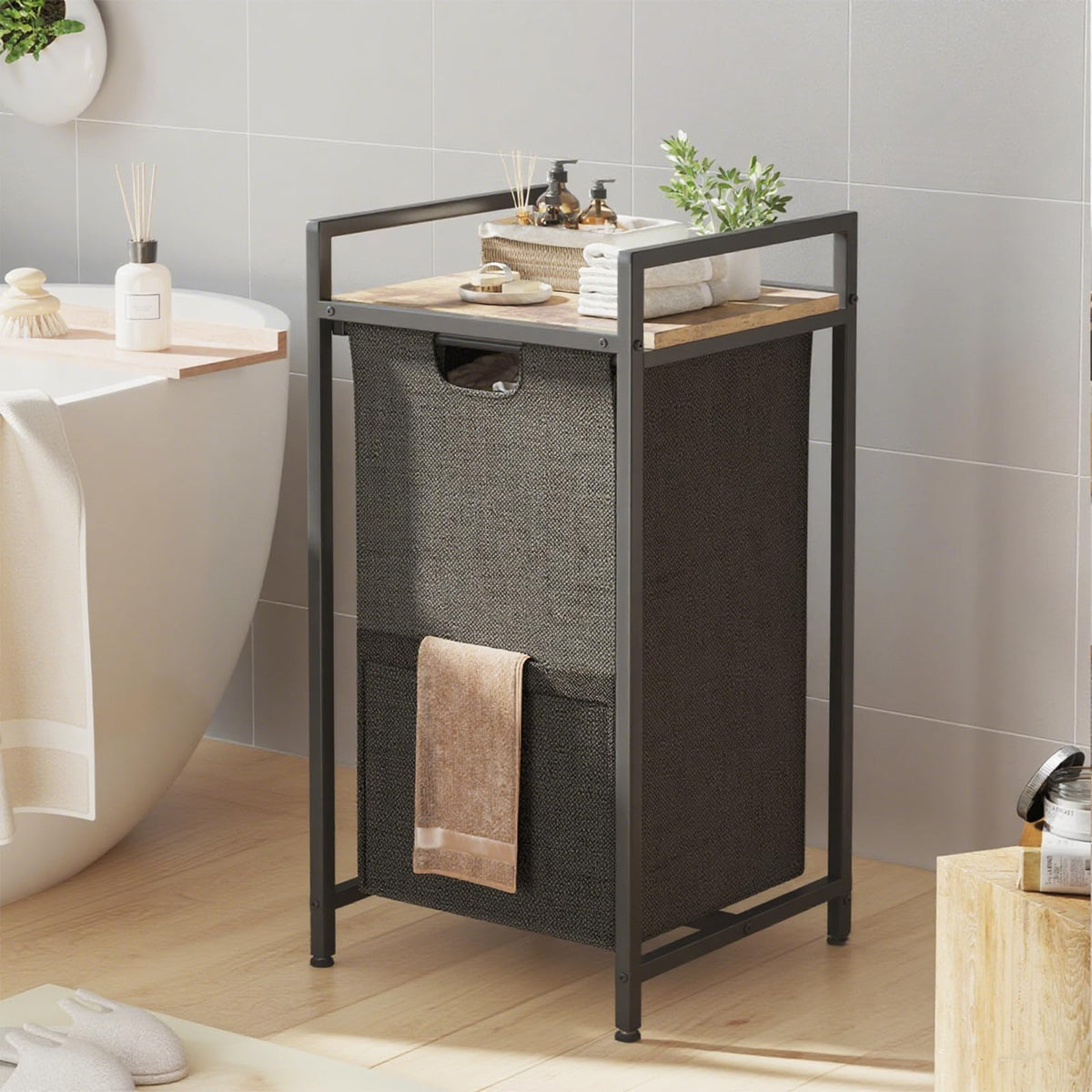 Huhote Laundry Hamper, double Laundry Basket, Laundry Sorter with Top Shelf & 2 Removable Washable Bags & Side Pockets for Laundry Room organization, Bathroom and Dorm, Rustic Brown and Black