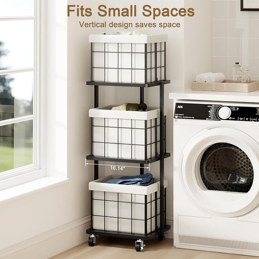 120L Vertical Laundry Sorter,3 Tier Metal Rolling Laundry Basket