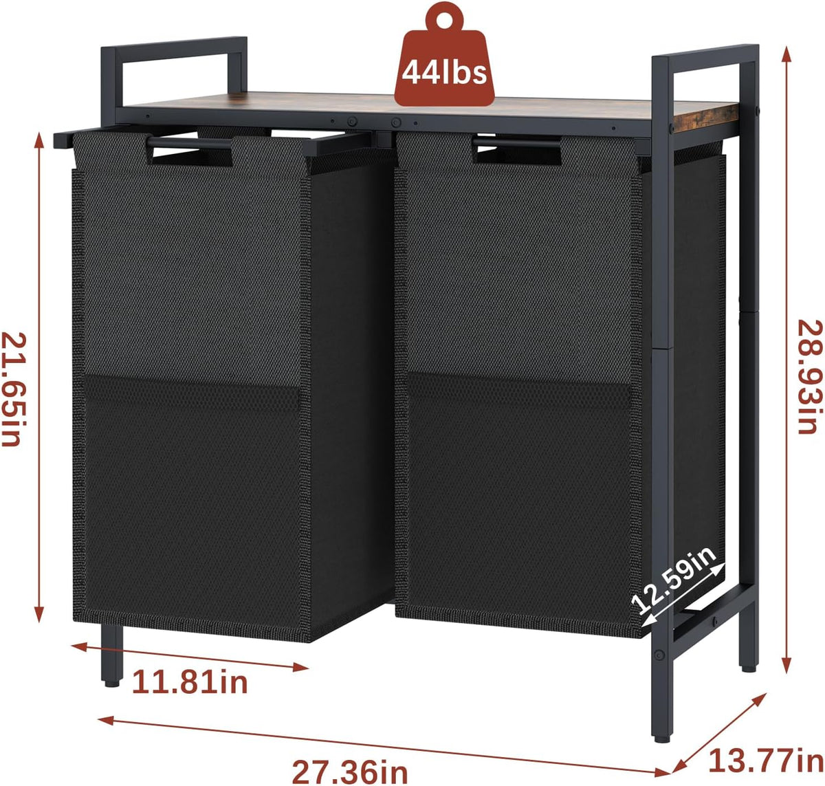 Huhote Laundry Hamper, double Laundry Basket, Laundry Sorter with Top Shelf & 2 Removable Washable Bags & Side Pockets for Laundry Room organization, Bathroom and Dorm, Rustic Brown and Black
