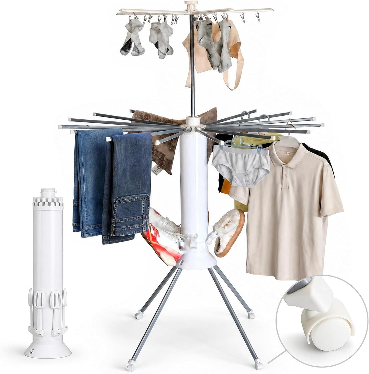 Clothes Drying Rack Foldable with Rolling Wheels, Portable Laundry Drying Rack with 16 Aluminum Arms, Stable 4-Leg Base, 360° Rotating Design for Indoor Outdoor (Double-Tier with Shoe Rack)