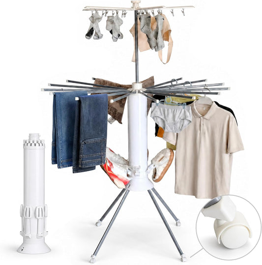Clothes Drying Rack Foldable with Rolling Wheels, Portable Laundry Drying Rack with 16 Aluminum Arms, Stable 4-Leg Base, 360° Rotating Design for Indoor Outdoor (Double-Tier with Shoe Rack)