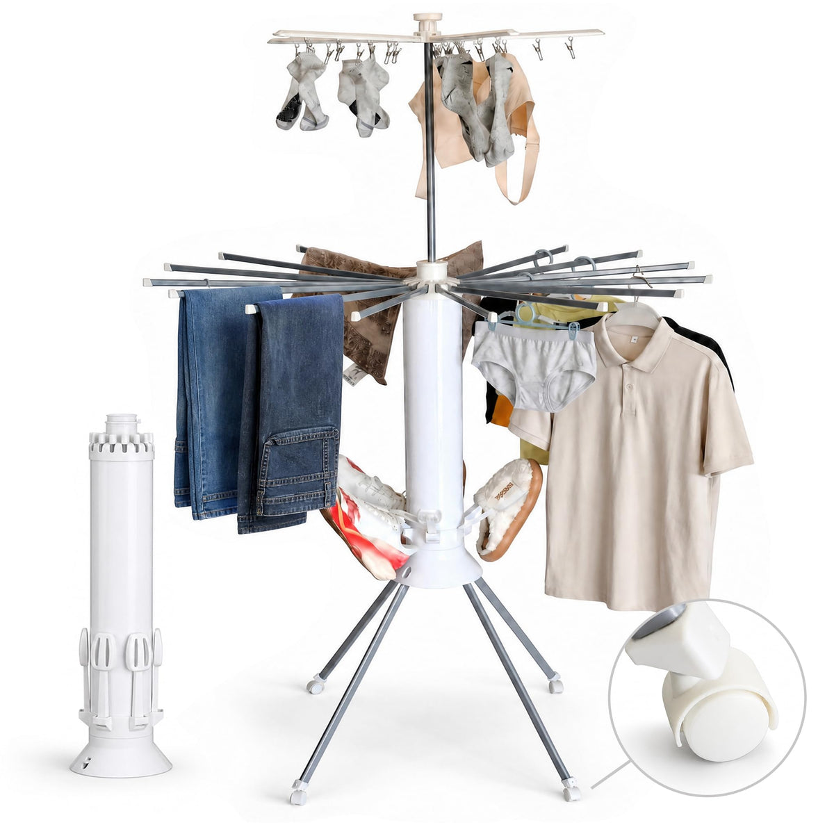 Clothes Drying Rack Foldable with Rolling Wheels, Portable Laundry Drying Rack with 16 Aluminum Arms, Stable 4-Leg Base, 360° Rotating Design for Indoor Outdoor (Double-Tier with Shoe Rack)
