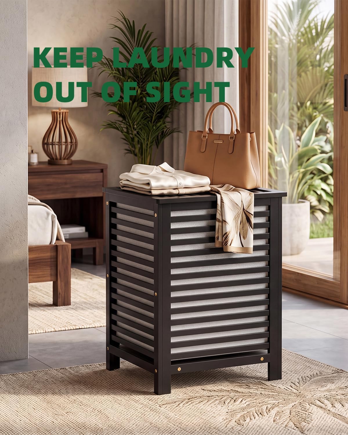 SMIBUY Double Laundry Hamper with Lid, 120L Bamboo Laundry Basket with Removable Liner Bag, 2-Section Clothes Divider Laundry Sorter for Laundry Room, Bathroom, Bedroom (Black)