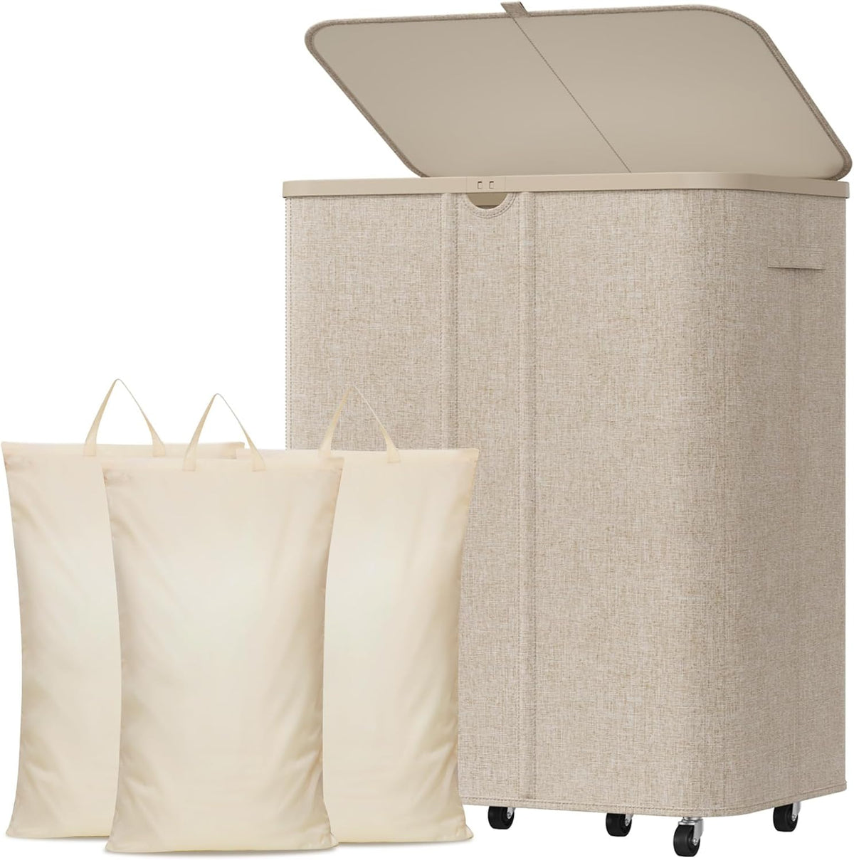 Lifewit 185L Large Laundry Basket with Wheels and Lid, 3 Sections, Beige