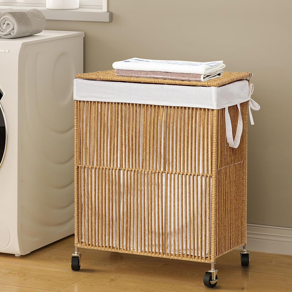WOWLIVE Rolling Laundry Basket Wheels, Handwoven Laundry Hamper with Lid