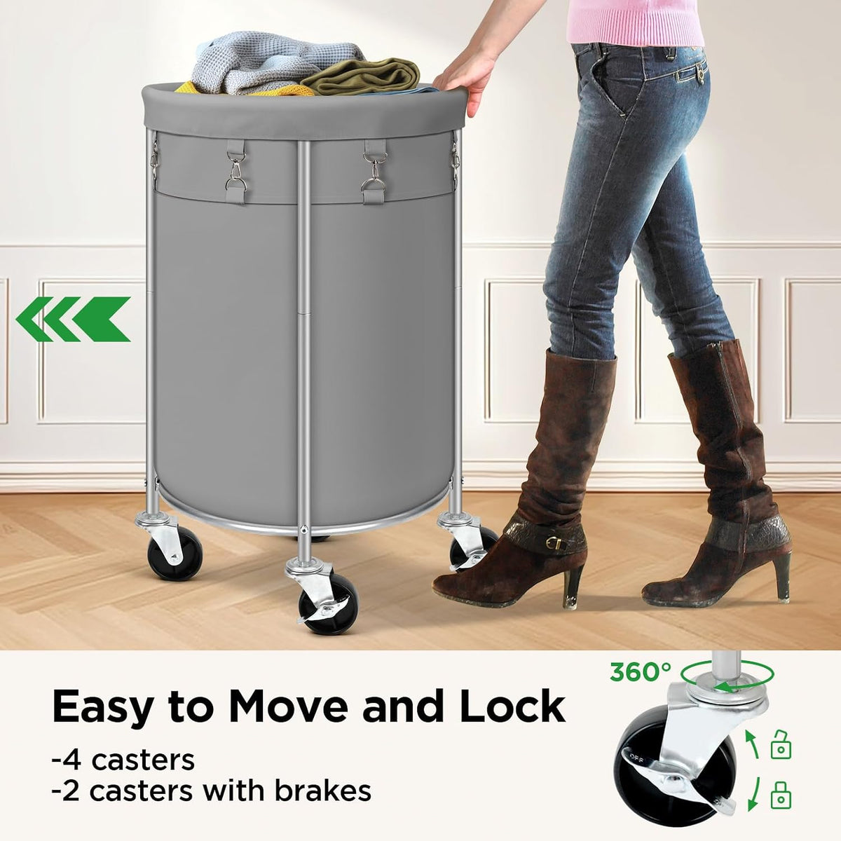 100L Round Rolling Laundry Hamper Basket with Wheels, Grey