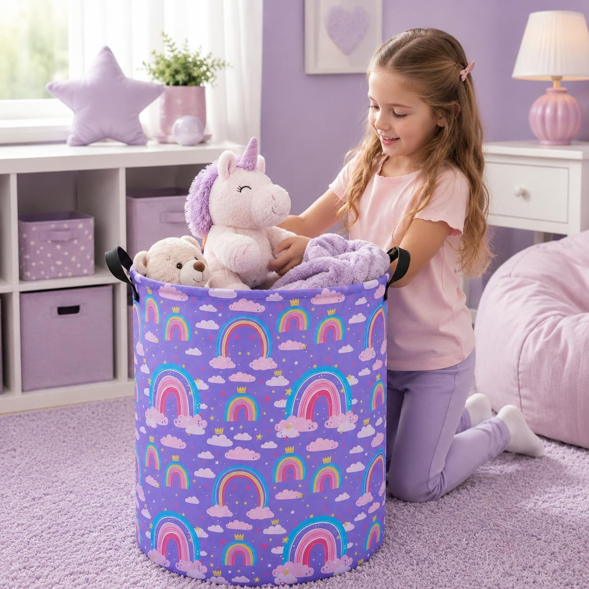 Collapsible Kids Laundry Basket Clothes Hamper, Foldable Storage Organizer Bin, Toy Clothes Storage with Handles for Boys Girls Bedroom, Room Decor Purple Rainbown