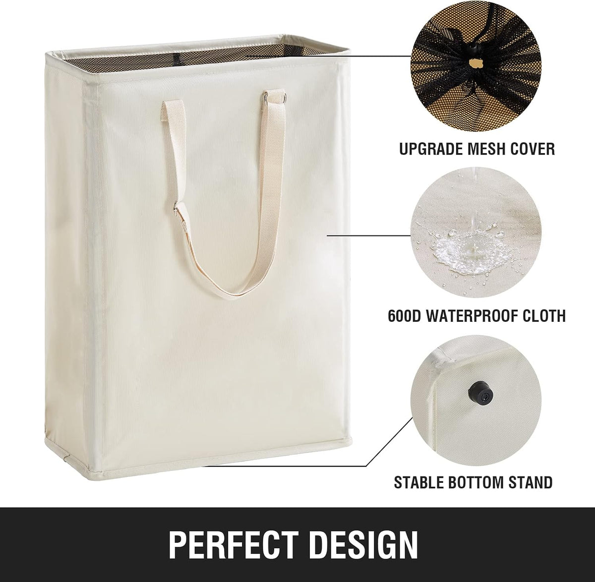 45L Slim Laundry Hamper with Adjustable Long Handles & Mesh Top, Beige