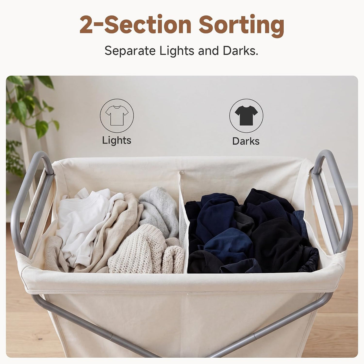StorageWorks 2 Section Laundry Sorter with Wheels, 160L Beige Hamper Basket
