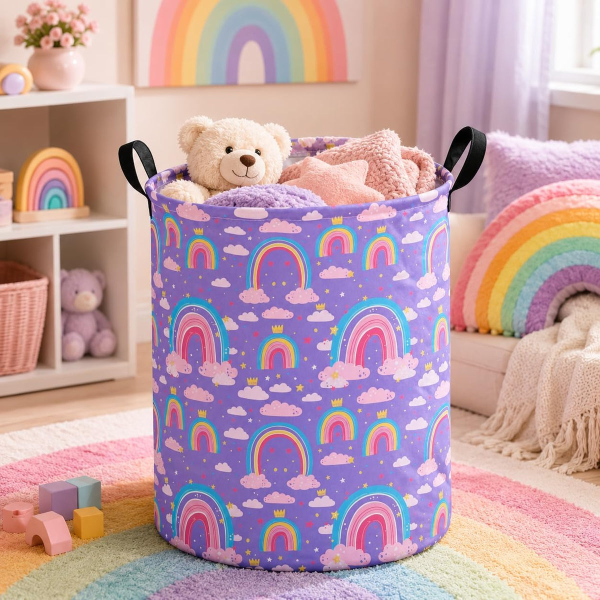 Collapsible Kids Laundry Basket Clothes Hamper, Foldable Storage Organizer Bin, Toy Clothes Storage with Handles for Boys Girls Bedroom, Room Decor Purple Rainbown