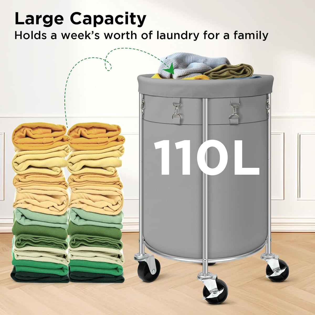 100L Round Rolling Laundry Hamper Basket with Wheels, Grey
