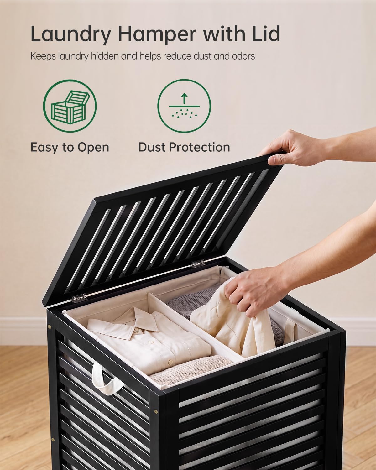 SMIBUY Double Laundry Hamper with Lid, 120L Bamboo Laundry Basket with Removable Liner Bag, 2-Section Clothes Divider Laundry Sorter for Laundry Room, Bathroom, Bedroom (Black)