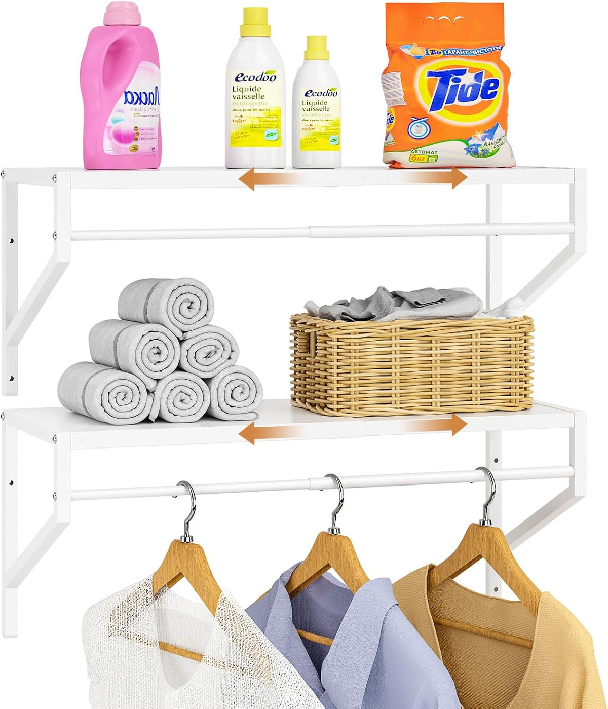 ThreeHio 2 Pack Expandable Laundry Room Shelves with Hanging Rod, Over Washer and Dryer Shelves, Wall Mounted Metal Shelving, Utility Floating Wall Shelf for Laundry Closet Organizers and Storage