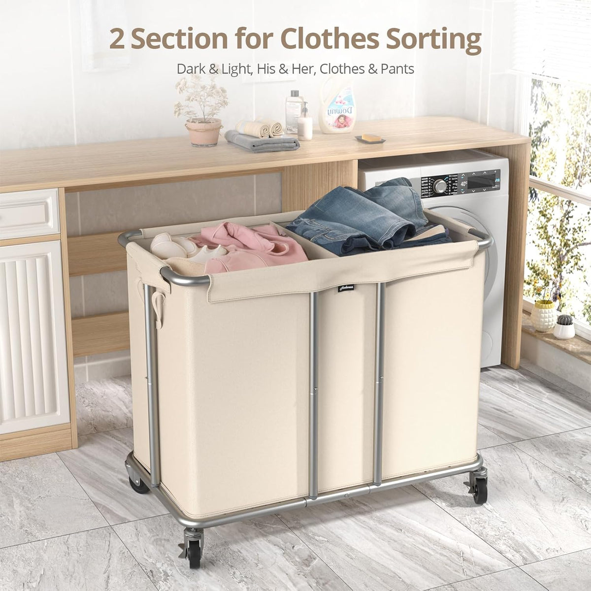 Hodonas Rolling Laundry Hamper 2-Section, Beige, 31.5"Lx15.75W"x30.7"H