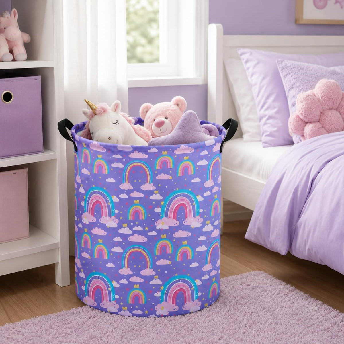 Collapsible Kids Laundry Basket Clothes Hamper, Foldable Storage Organizer Bin, Toy Clothes Storage with Handles for Boys Girls Bedroom, Room Decor Purple Rainbown