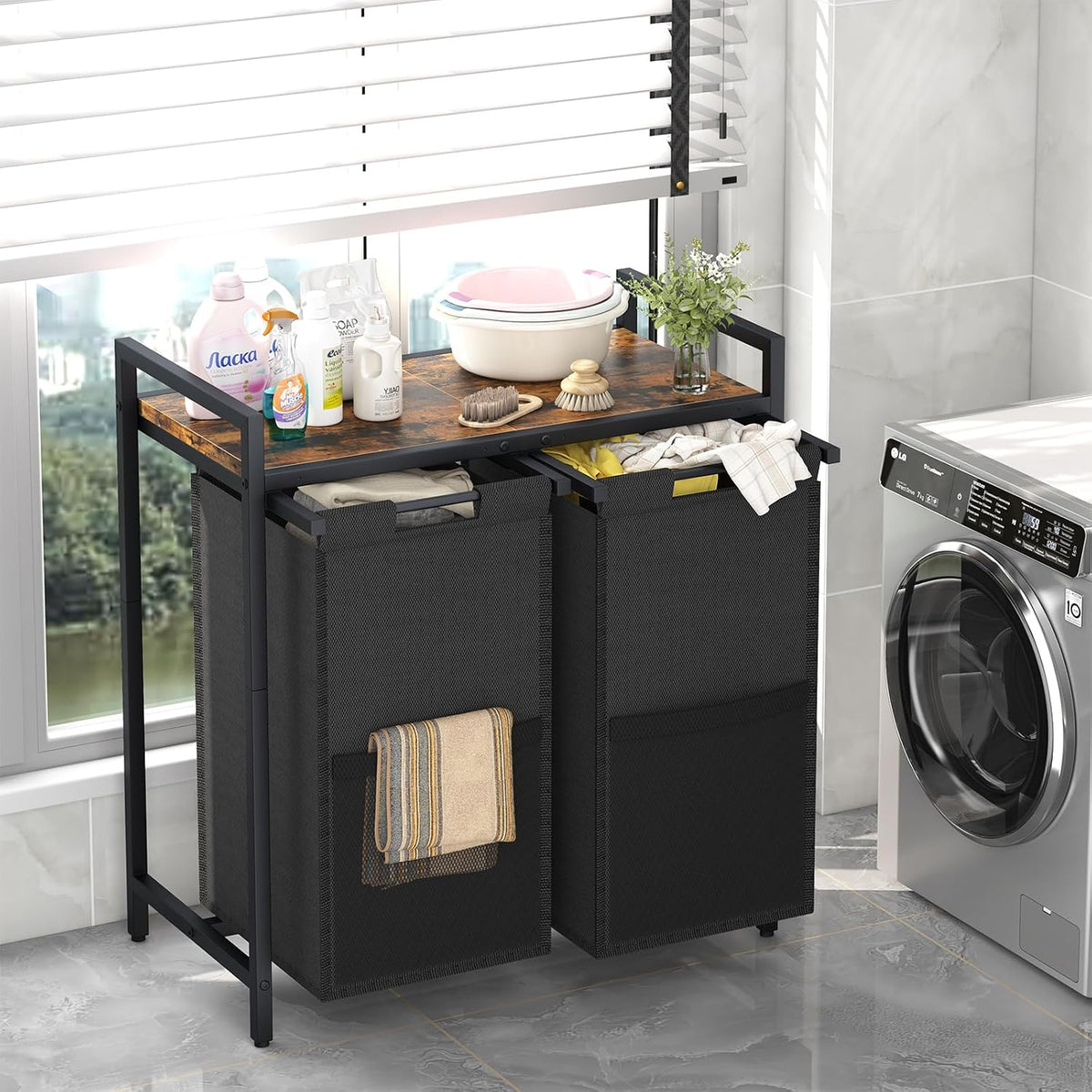 Huhote Laundry Hamper, double Laundry Basket, Laundry Sorter with Top Shelf & 2 Removable Washable Bags & Side Pockets for Laundry Room organization, Bathroom and Dorm, Rustic Brown and Black