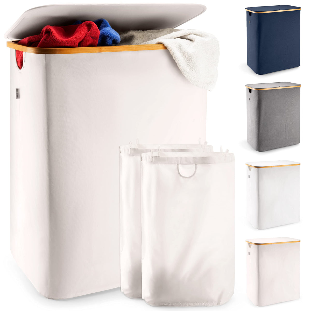 LONBET Laundry Basket with Lid, Made from Breathable Fabric | Aesthetic Clothes Hampers for Laundry with Side Handles & Sturdy Bamboo Frame (26 Gallons - Single, Blue)