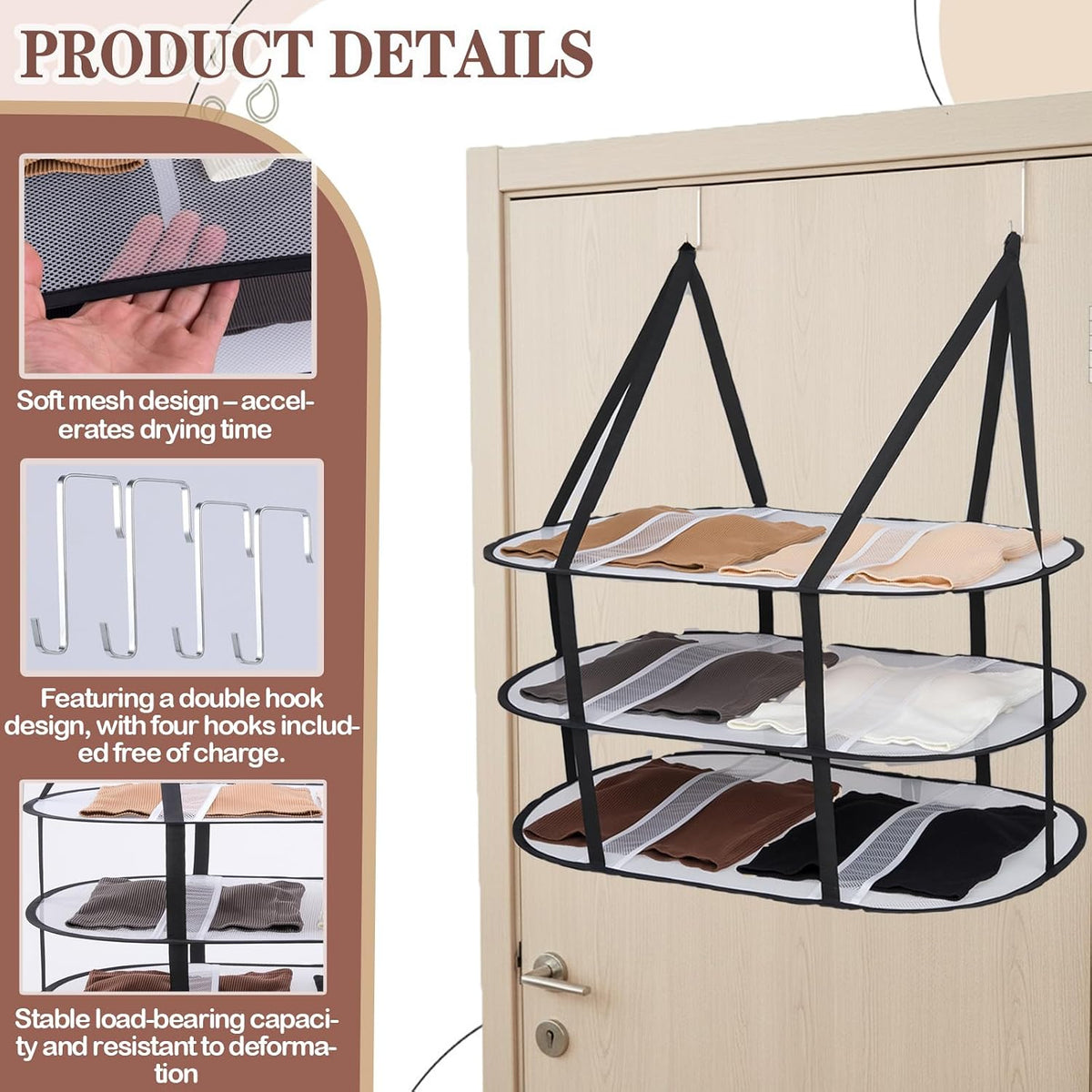 3-Tier Upgrade Sweater Drying Rack Over The Door, Foldable Mesh Hanging Dryer Flat with Hooks, Large Breathable Laundry Drying Hanger, Clothes Lay Flat Dryer for Apartments Dorms Bathrooms