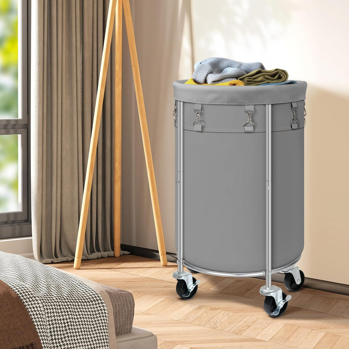 100L Round Rolling Laundry Hamper Basket with Wheels, Grey
