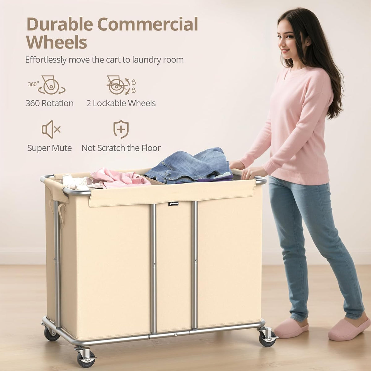 Hodonas Rolling Laundry Hamper 2-Section, Beige, 31.5"Lx15.75W"x30.7"H