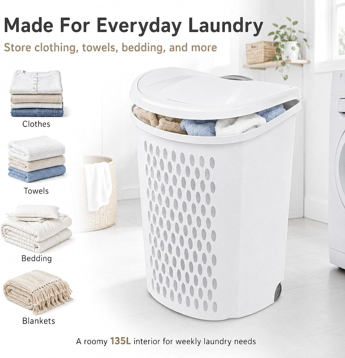 135L Wheeled Plastic Laundry Hamper, Ultra Wheeled Clothes Laundry Basket