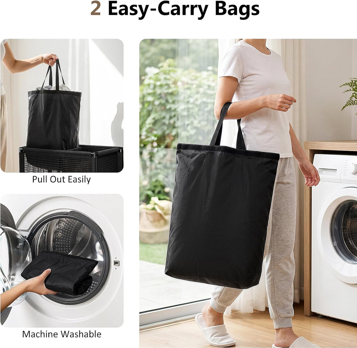 Double Laundry Hamper with Lid, 155L Large Laundry Basket 2 Section, Black