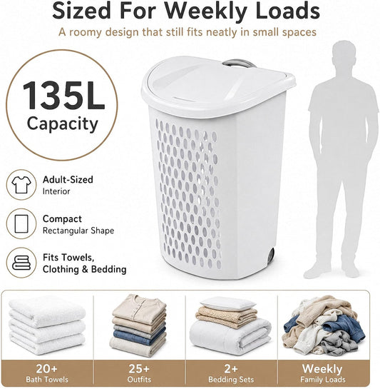 135L Wheeled Plastic Laundry Hamper, Ultra Wheeled Clothes Laundry Basket