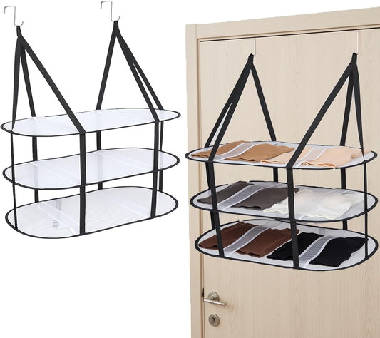 3-Tier Upgrade Sweater Drying Rack Over The Door, Foldable Mesh Hanging Dryer Flat with Hooks, Large Breathable Laundry Drying Hanger, Clothes Lay Flat Dryer for Apartments Dorms Bathrooms