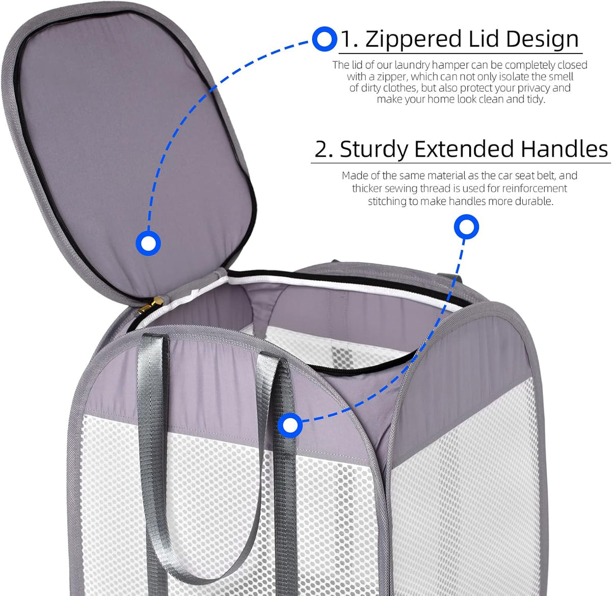 Pop-Up Laundry Hamper with YKK Zipper Lid, 1.5 Loads, Reinforced Handles