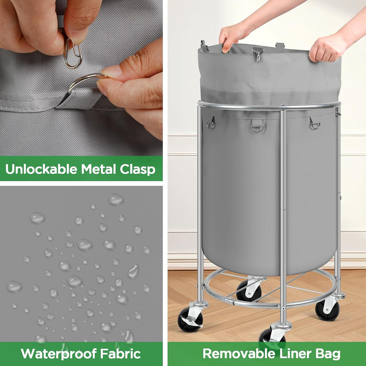100L Round Rolling Laundry Hamper Basket with Wheels, Grey