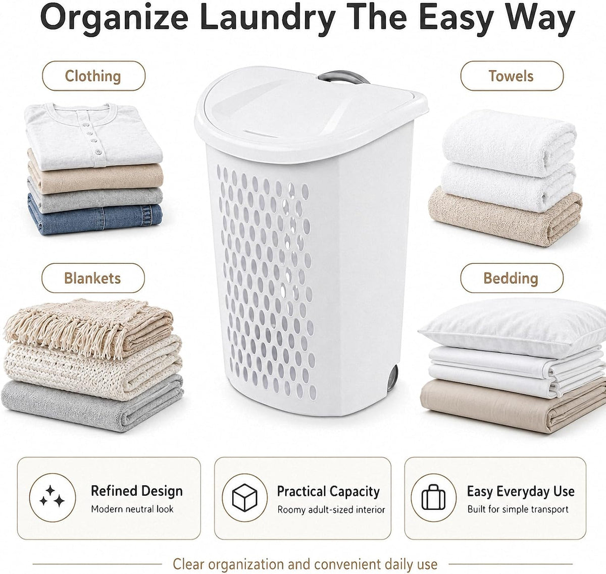 135L Wheeled Plastic Laundry Hamper, Ultra Wheeled Clothes Laundry Basket