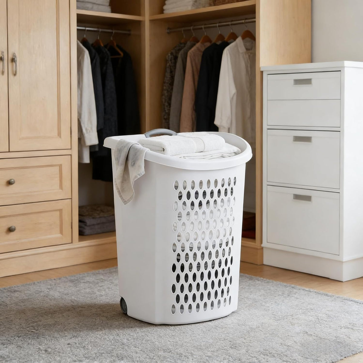 White Lalaundry Basket with Wheels and Lid, Portable Laundry Basket